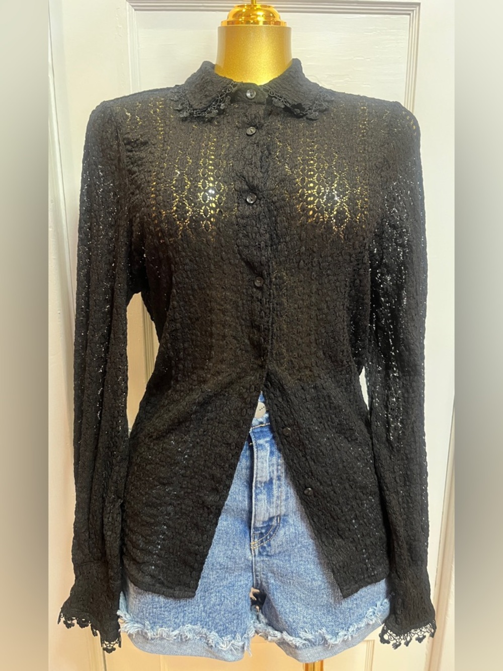 Rachel Zoe Black Lace Ruffle Trim Button-Up Shirt - Size L
